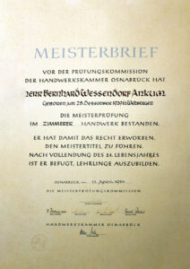 Meisterbrief von Bernhard Wessendorf aus dem Jahr 1929