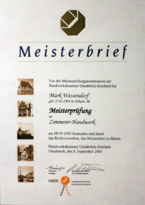 Meisterbrief von Mark Wessendorf aus dem Jahr 2005